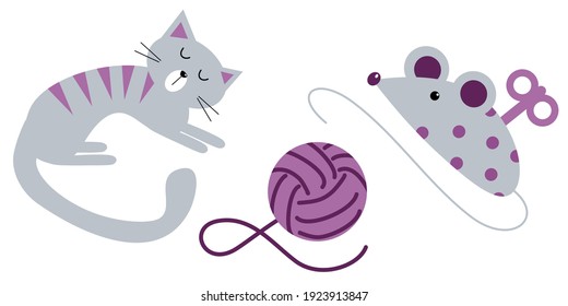 Vector cartoon illustration of mouse, ball of thread and cats isolated on white background for cute postcard, logo, for the design of a children`s room, for invitations, greeting cards, business cardV