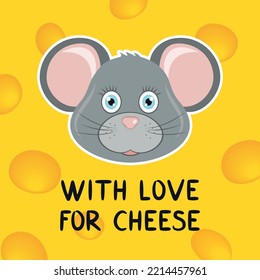 Dibujo vectorial de un ratón. Letras de mano Con amor por el queso. Ingrediente para pizza. Roedor gris sobre fondo amarillo. Festival de queso.