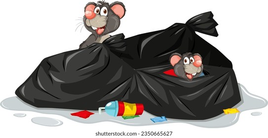 A vector cartoon illustration of a mouse scavenging for food on a dirty street