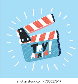 Vector cartoon illustration of movie clapper board isolated on blue background. Open clapperboard with hand drawn inscription lettering try again. 