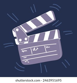 Vector cartoon illustration of movie clappers open. Shown slate board. Movie clapperboard. Clapper board over dark background