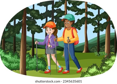 A vector cartoon illustration of a multiracial couple enjoying a hike in a forest