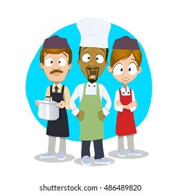 Vector cartoon illustration of multiracial kitchen team