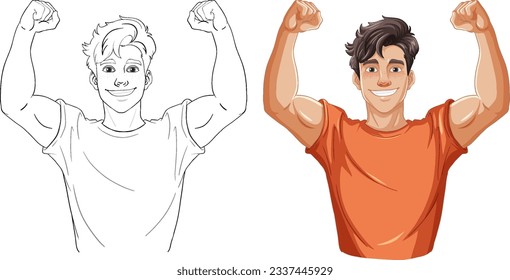 A vector cartoon illustration of a muscular, handsome young man smiling