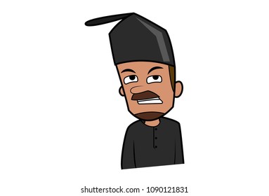 Vector cartoon illustration of Muslim man in angry pose. Isolated on white background.