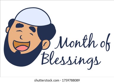Vector cartoon illustration of muslim man face. Lettering text month of blessings. Isolated on white background.