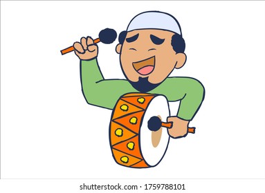 Vector cartoon illustration. Muslim man is playing drum. Isolated on white background.