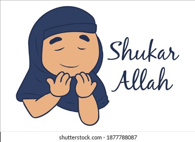 Vector cartoon illustration. Muslim woman is praying. Shukar Allah Hindi text translation - Thanks to God. Isolated on white background.