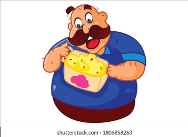 Ilustración de dibujos animados. Un hombre bigote sostiene una heladería. Aislado sobre fondo blanco.