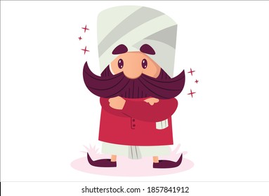 Vector cartoon illustration. Mustache man is standing with crossed arms. Isolated on white background.