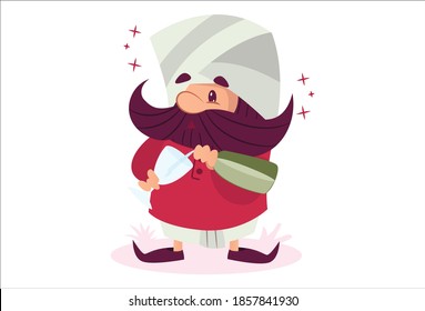 Vector cartoon illustration. Mustache man is holding the bottle in hand and put beer into the glass. Isolated on white background.