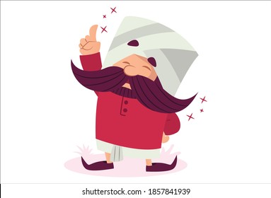 Vector cartoon illustration. Mustache man is showing one finger. Isolated on white background.
