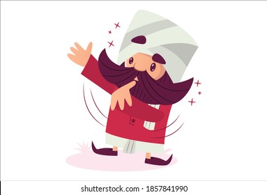 Vector cartoon illustration. Mustache man is spread his hands and standing. Isolated on white background.
