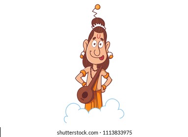 Vector cartoon illustration of narad muni on cloud with its tambura. Isolated on white background.