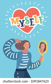 Vector cartoon illustration of Narcissistic woman character looks in the mirror. Narcissism or self-confidence concept. Lettering word Myself decorated by shapes.