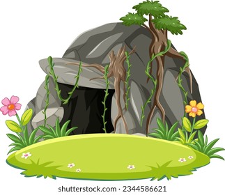 A vector cartoon illustration of a nature cave surrounded by a tree and vines