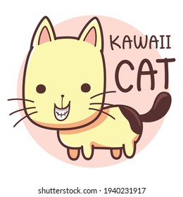 Vector cartoon illustration of Naughty cat standing smiling. Cute cat smiling grinning teeth. Cute font lettering the word "Kawaii cate". They are great for decoration or as part of a design.
