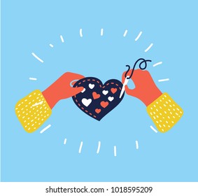 Vector cartoon illustration of Needlework. Human hands with needle and thread sew heartshape thing. Colorful funny graphic concept in modern style.