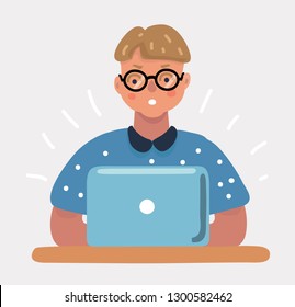 Vector cartoon illustration of Nerd geek little boy with laptop. Genius smart child look at the screen and excited. Security and technology concept. Human character on white bakcgroud.