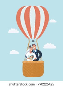 Vector cartoon Illustration of Newlyweds in a Hot Air Balloon. Sky background with clouds.