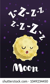 Vector cartoon illustration night cards with cute cartoon moon character with funny cute face and phrases. Childish backgrounds with moon, stars, cloud, sheep.