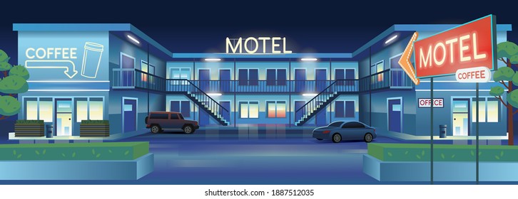 Vector cartoon illustration of night motel with cars  and coffee  bar.