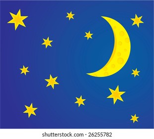 vector cartoon illustration of night sky with  moon and  stars yellow on bright blue