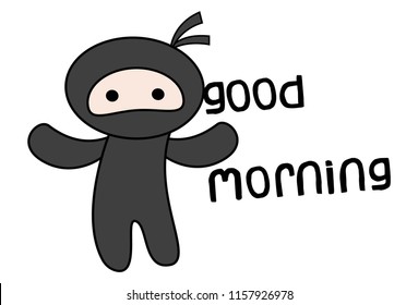 Vector cartoon illustration of ninja with open arms say good morning. Isolated on white background.