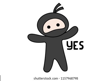 Vector cartoon illustration of ninja with open arms say yes . Isolated on white background.