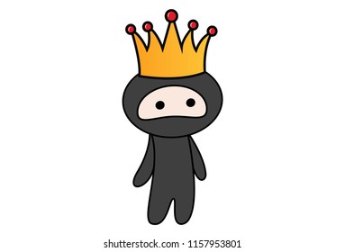 Vector cartoon illustration of ninja wearing crown. Isolated on white background.