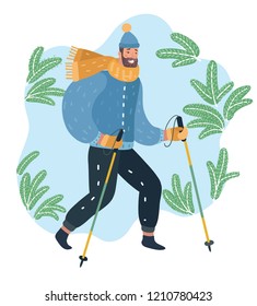 Vector cartoon illustration of Nordic walking. Vector. Cartoon. Isolated art on white background. 