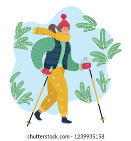Vector cartoon illustration of Nordic walking. Vector. Cartoon. Isolated art on white background. Flat