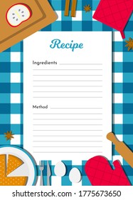 Vector cartoon illustration with note sheet to write recipe. Ingridients for Christmas dinner on the table. Concept is decorated by apple pie, cinnamon, star anise and rolling pin. Flat lay style