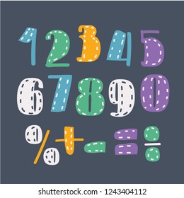 Vector cartoon illustration of number set. Hand drawn element in different colors on dark backround.