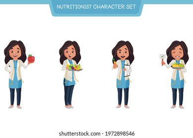 Vector cartoon illustration of nutritionist character set on white background.