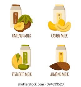 Vector cartoon illustration with nuts milk: almond milk, pistachio milk, cashew milk, hazelnut milk. Lactose free diary products. Vegan source of protein and calcium. Vegan menu. Alternative for milk