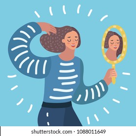 Vector cartoon illustration o Woman watching a mirror and admires herself, self-confidence, narcissism.