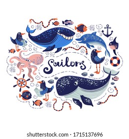 Vector cartoon illustration of ocean items and animals and fish situated in the circle.