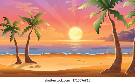 Vector cartoon illustration of ocean landscape in sunset or sunrise with beautiful pink sky and sun reflection over the water. Beautiful nature with palm trees and beach.