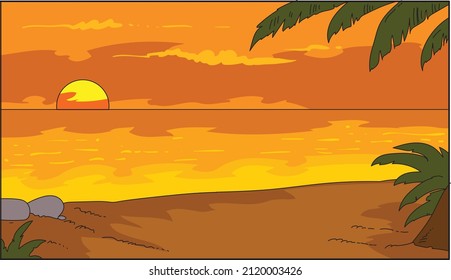 Dibujo vectorial del paisaje oceánico al atardecer o amanecer