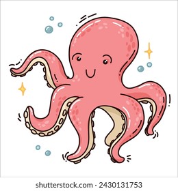 vector cartoon illustration of octopus. cute hand drawn print, colorful character