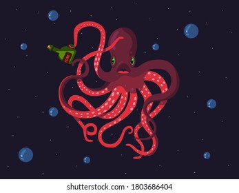 Vector cartoon illustration octopus on the bottom of the sea with a bottle of rum