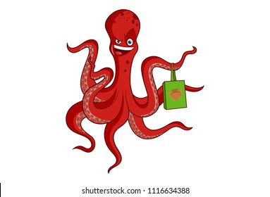 Vector cartoon illustration of octopus with shopping bag. Isolated on white background. 