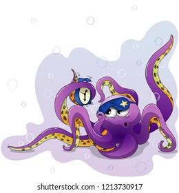 Vector cartoon illustration of octopus that late