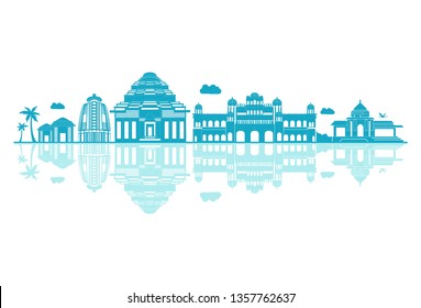 Vector cartoon illustration of odisha skyline. Isolated on white background.