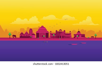 Vector cartoon illustration of the Odisha skyline. Isolated on a colored background.