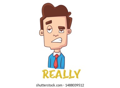 Vector cartoon illustration of office employee is astonished. Lettering text really. Isolated on white background. 