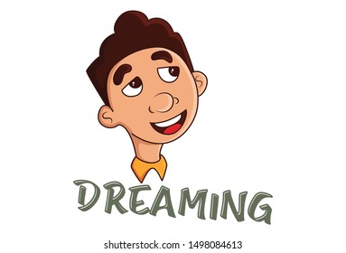 Vector cartoon illustration of office employee in dream. Lettering dreaming text. Isolated on white background.