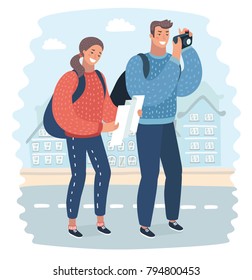 Vector cartoon illustration oftwo young tourists with backpacks, tourist map and camera. Sightseeing City. Funny human characters on city landscape background. Man taking photo, womna look at the map.