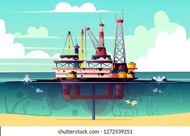 Vector cartoon illustration of oil rig in ocean, sea. Offshore derrick with pollution - environmental problem, contamination, ecological catastrophy. Energy concept, industrial.